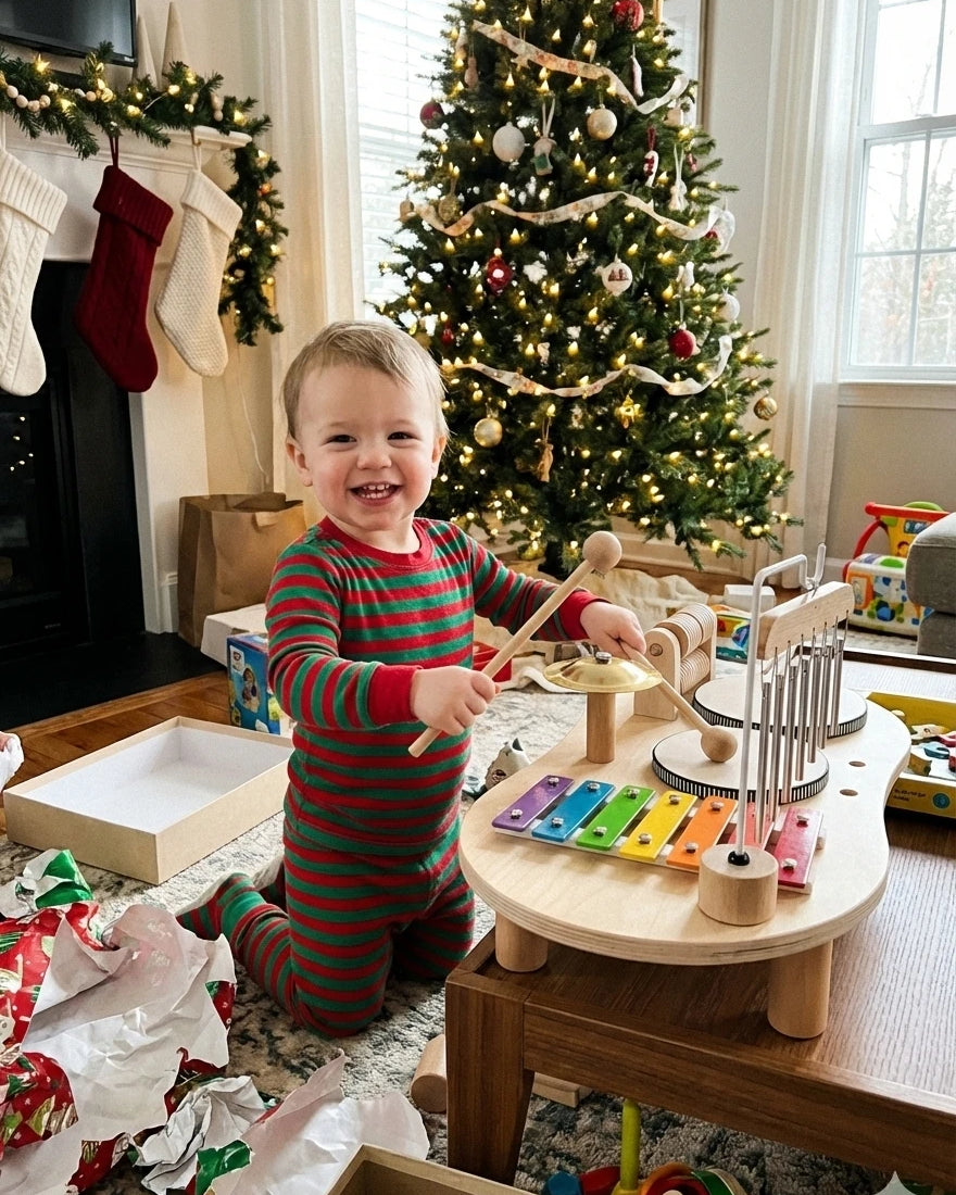 A smiling toddler in striped Christmas pyjamas playing the wooden music table by the Christmas tree, wrapping paper on the floor