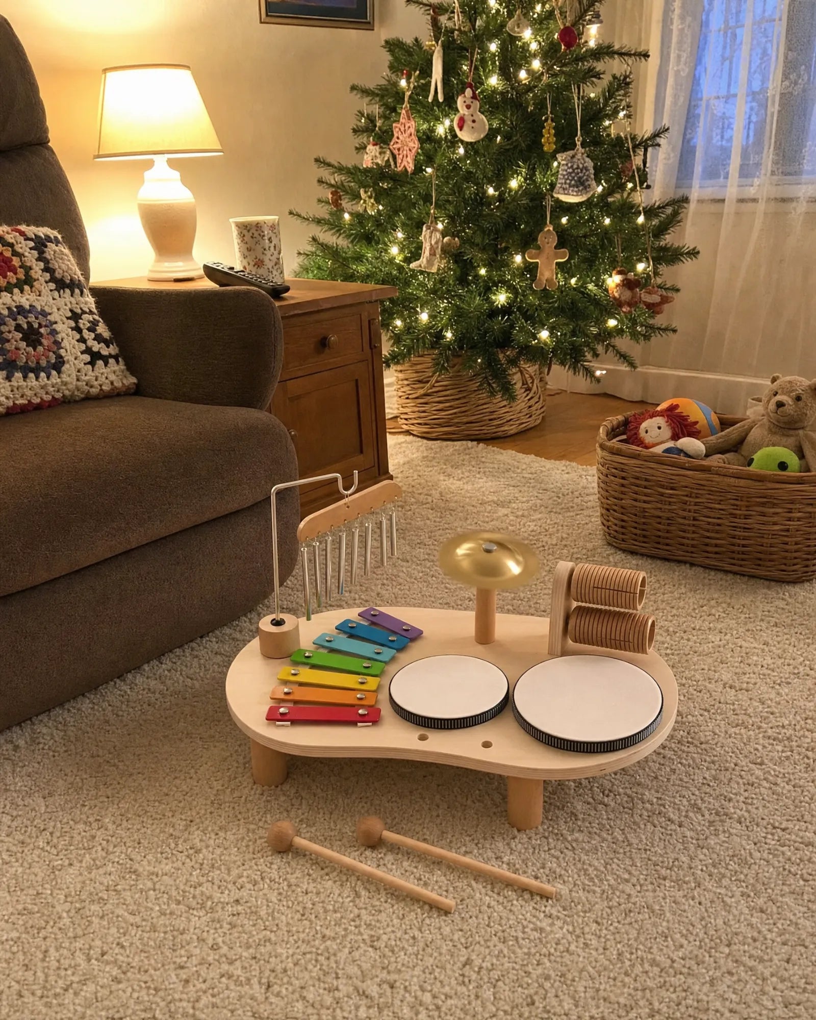 The wooden music table on a living room rug beside an armchair and a lit Christmas tree
